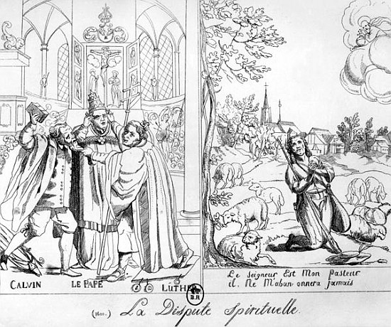 Caricature depicting a Spiritual Dispute between Pope Leo X (1476-1521) Martin Luther (1483-1546) an à École française