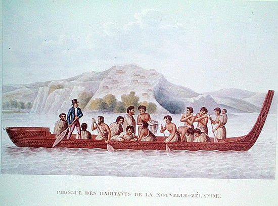 Dugout canoe piloted natives of New Zealand, illustration from ''Voyage Around the World in the Corv à École française