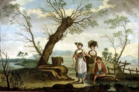 Rustic landscape with washerwomen and a peasant à École française