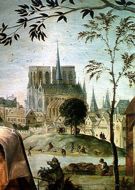 Scene Galante at the Gates of Paris, detail of Notre Dame à École française