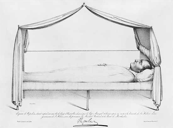 Sketch of Napoleon I (1769-1821) on his deathbed drawn at St. Helena Capitaine Marryal; engraved by  à École française