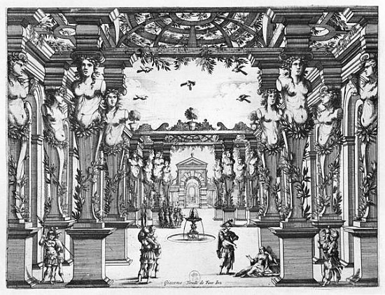 Stage design Giacomo Torelli (1608-78) for ''Mirame'' performed in 1641 at Theatre Petit Bourbon in  à École française