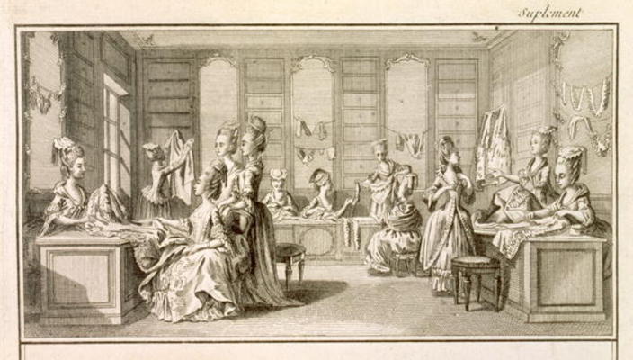 Fashion shop, from the 'Encyclopedia' by Denis Diderot (1713-84), published c.1770 (engraving) à Ecole Française, (18ème siècle)