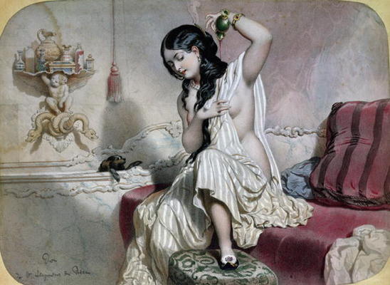 Oriental Woman at her Toilet, mid 19th century (colour litho) à Ecole Française, (19ème siècle)