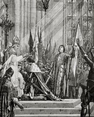 St. Joan of Arc (1412-31) at the Coronation of Charles VII (reg.1422-61) in 1429 (engraving) à Ecole Française, (19ème siècle)