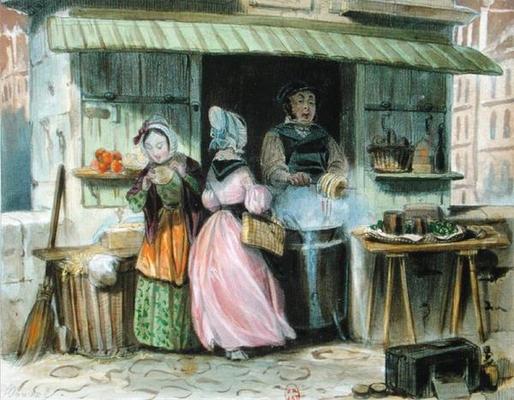 The merchant of 'oublies' in Paris, 1st half 19th century (colour litho) à Ecole Française, (19ème siècle)