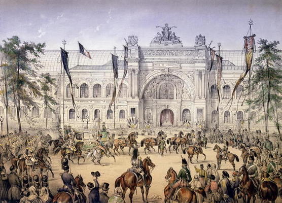 The Palais de l'Industrie at the Exposition Universelle in 1855 (coloured engraving) à Ecole Française, (19ème siècle)