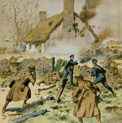 Attack by police and British troops on a farm occupied by the Sinn-Fein, cover of 'Le Petit Journal' à Ecole Française, (20ème siècle)