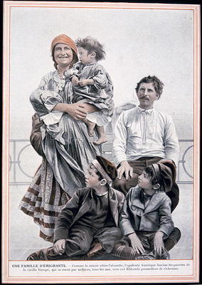 Poster of a European immigrant family on Ellis Island, 1910 (colour litho) à Ecole Française, (20ème siècle)