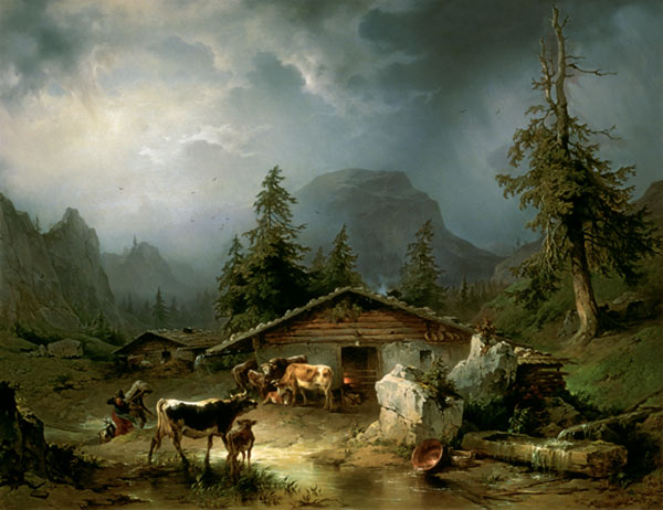 Alpine hut in Rainy Weather à Friedrich Gauermann