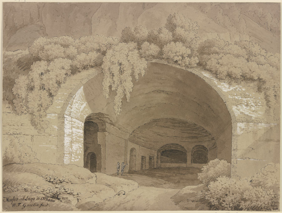 Blick in ein antikes Gewölbe an einem Berghang, von Buschwerk umrahmt, in der Grotte zwei Figuren à Friedrich Wilhelm Gmelin