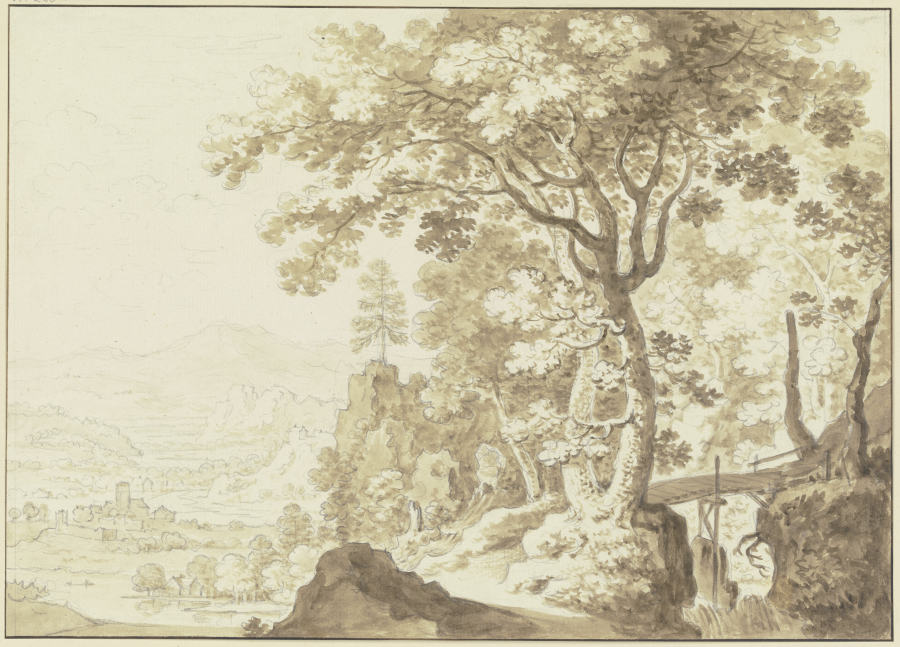 Gebirgslandschaft, links ein Talblick, rechts hohe Bäume und ein Steg über eine Schlucht à Friedrich Wilhelm Hirt