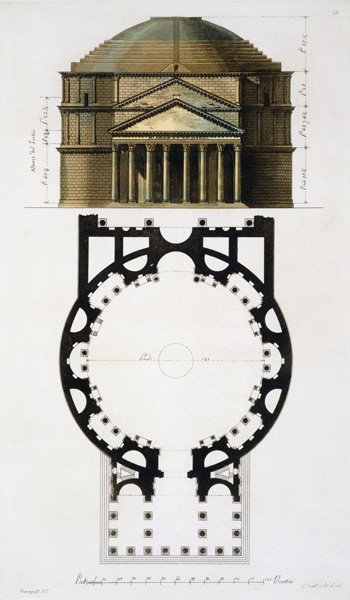 Ground plan and facade of the Pantheon, Rome, from 'Le Costume Ancien et Moderne' by Jules Ferrario, à Fumagalli