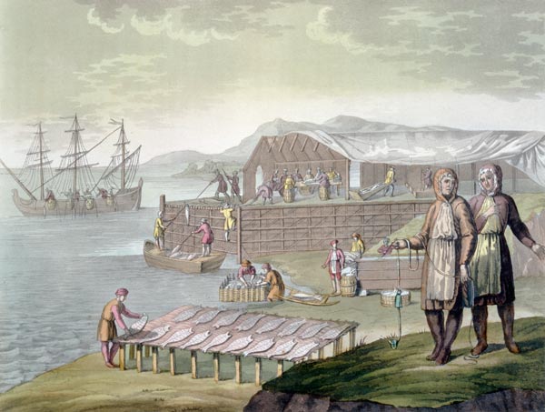 The fishing industry, Newfoundland, from 'Le Costume Ancien et Moderne', Volume II, plate 36, by Jul à G. Bramati