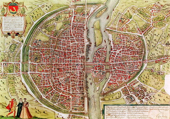 Map of Paris from 'Civitates orbis terrarrum' by Georg Braun (1541-1622) and Franz Hogenbergh (1540- à Georg Braun