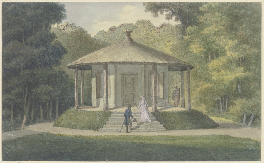 Der Pavillon im Ettersburger Park bei Weimar, auf der Treppe die Herzogin Anna Amalia, einen Herrn b à Georg Melchior Kraus
