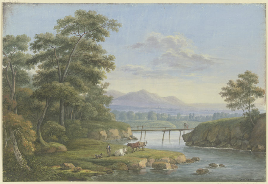 Flußtal mit felsigem Ufer, im Hintergrund Gebirge à Georg Melchior Kraus