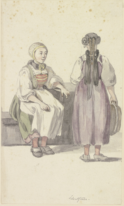 Zwei junge Bäuerinnen in Schaffhausen, die linke sitzend, die rechte in Rücknansicht stehend à Georg Melchior Kraus