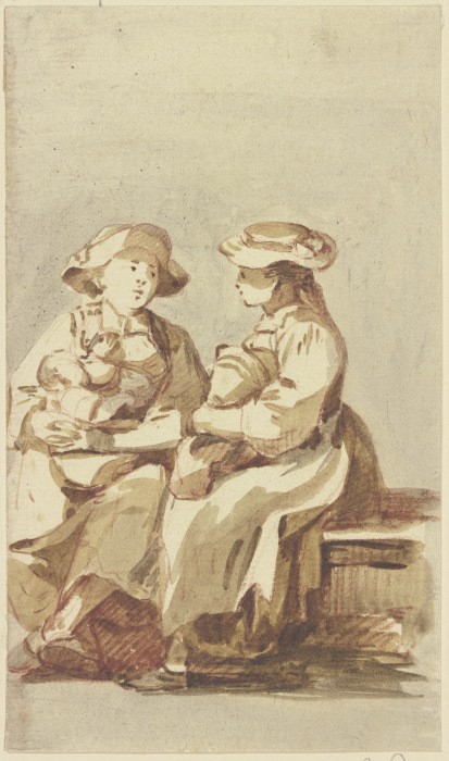 Zwei sitzende junge Frauen, die eine gibt einem Kind die Brust à Georg Melchior Kraus