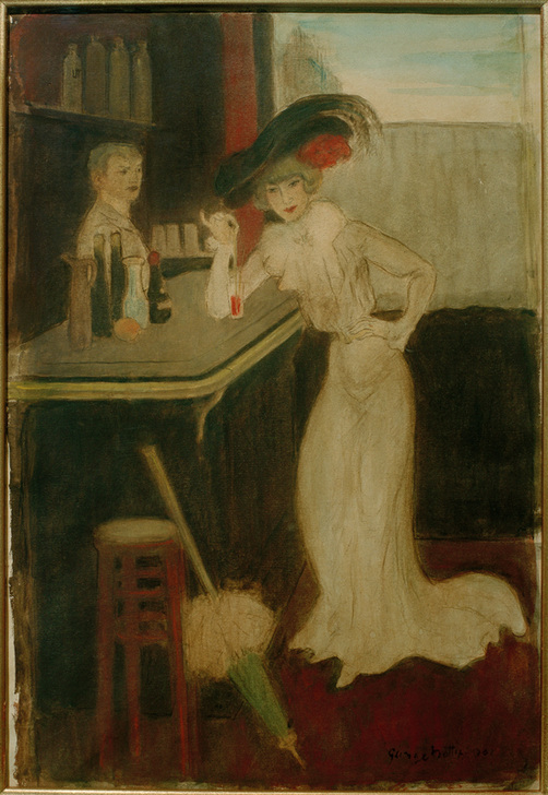 Frau mit Sonnenschirm an der Bar - George Bottini