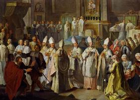 Le dévouement d'évêque du prince électeur Clemens août par le Benedict XIII
