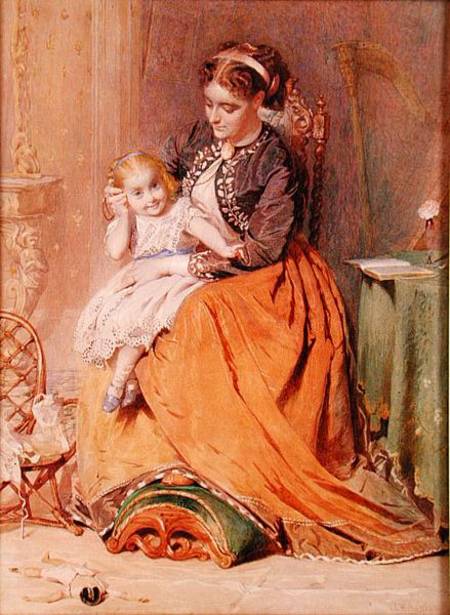 "Tick, Tick, Tick" - a girl sitting on her mother's lap listening to her gold watch ticking à George Elgar Hicks