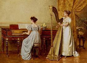deux femmes jouant de la musique dans un intérieur.