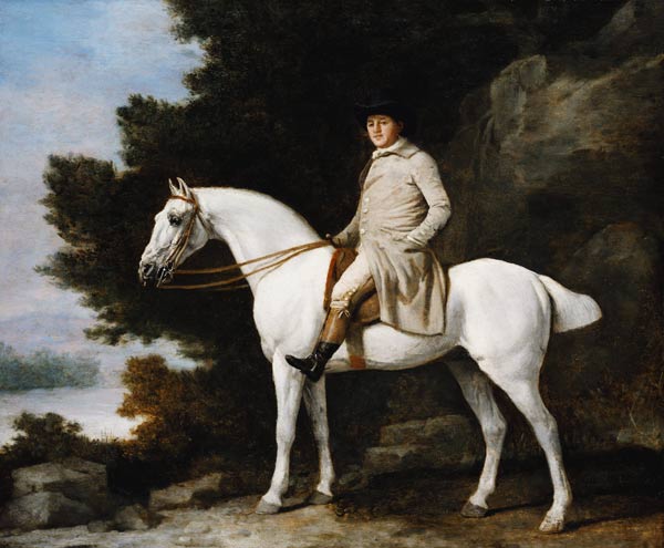 A Gentleman on a Grey Horse in a Rocky Wooded Landscape à George Stubbs
