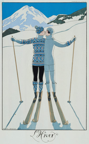 L'hiver : Les amoureux dans la neige, planche de mode tirée de "La France du XXe siècle", 1925  à Georges Barbier