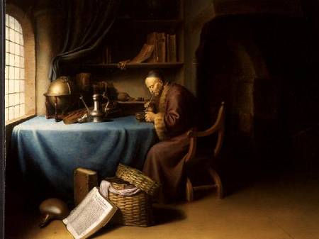 An Old Man Lighting his Pipe in a Study à Gerard Dou