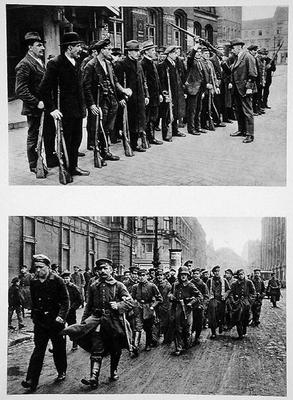 Rifle drill of the Spartacists (top) Revolutionary troops (bottom) on the 9th November 1918, from 'D à Photographe allemand, (20ème siècle)