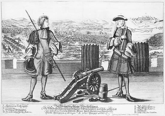 Charles V, Duke of Lorraine and Bar, with an engineer, at the battle of Neuhausel against the Turks  à École allemande