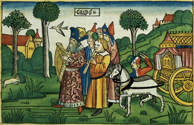 2 Samuel 6 1-5 David brings the Ark to Jerusalem (coloured woodcut) à École allemande, (15ème siècle)