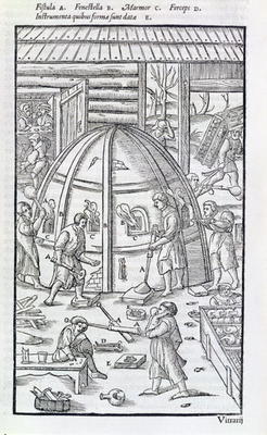 Glassworks, illustration showing the marble furnace and glass blowers (woodcut) à École allemande, (17ème siècle)