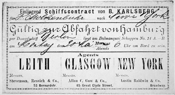 A German immigrant ship's contract & boarding card for New York, issued in Hamburg, 1881 (litho) à École allemande, (19ème siècle)