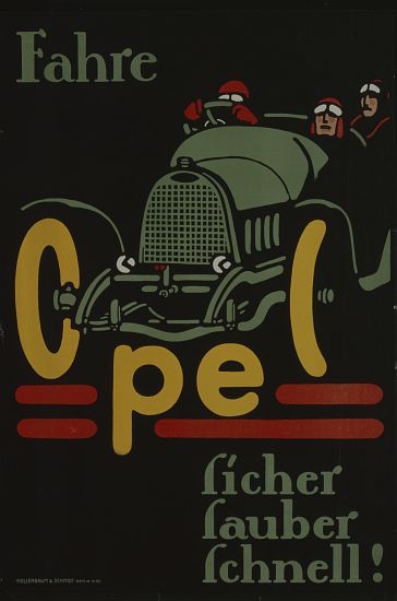 German advertisement for Opel car manufacturer, printed by Hollerbaum und Schmidt, Berlin à École allemande, (20ème siècle)
