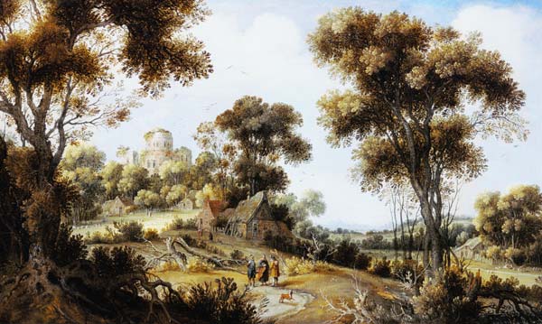 An Extensive Wooded Landscape with Christ on the Road to Emmaus à Gillis Claesz d' Hondecoeter