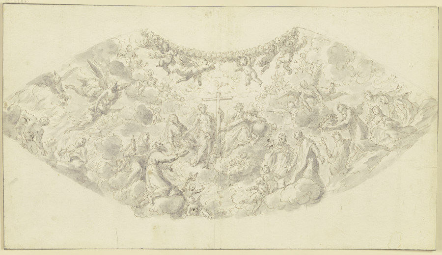 Christus zwischen Gottvater und Maria umgeben von Heiligen und Engeln (Gewölbezwickel) à Giovanni Battista Gaulli