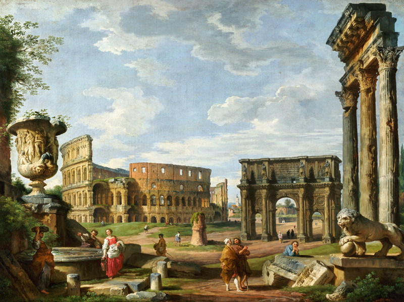 A Capriccio View Of Rome With The Colosseum, The Arch Of Constantine And The Temple Of Castor And Po à Giovanni Paolo Pannini