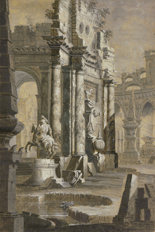 Reiterstandbild inmitten einer antiken Ruinenlandschaft à Giovanni Paolo Pannini