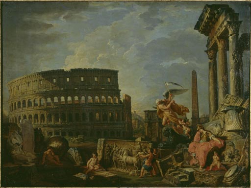 Ruinenlandschaft mit Kolosseum und Konstantinsbogen und Allegorie auf den Untergang des Roemischen R à Giovanni Paolo Pannini