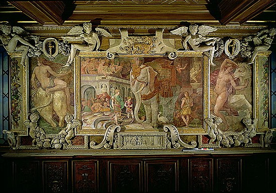 The Triumphal Elephant, an allegorical tribute to Francis I, detail of decorative scheme in the Gall à Giovanni Battista Rosso Fiorentino