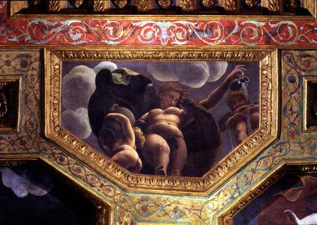 A nymph pouring water from a jug, a putto urinating and another putto holding an urn, ceiling caisso à Giulio Romano