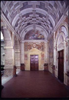 Loggia delle Muse with coffered ceiling and lunette bearing a fresco of Castalia, water nymph of a p