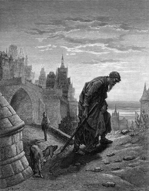 The Mariner, having finished his story, turns to leave, while his listener, the wedding guest gazes  à Gustave Doré