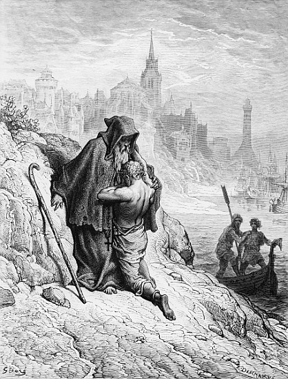 The Mariner begs the Hermit to give him absolution from his sin, scene from ''The Rime of the Ancien à Gustave Doré