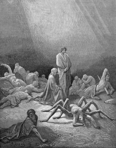 Virgil (70-19 BC) and Dante looking at the spider woman, illustration from ''The Divine Comedy'' (In à Gustave Doré