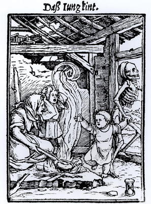 Death Taking a Child, from the 'Dance of Death' series, engraved by Hans Lutzelburger, c.1526-8 (woo à Hans Holbein le Jeune