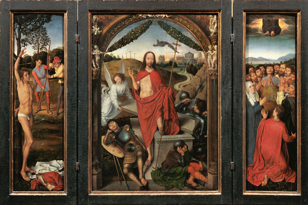 autel de la résurrection triptyque (Saint Sébastiens, résurrection, Voyage de ciel) à Hans Memling