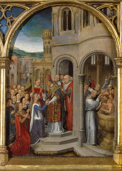 The arrival of St. Ursula and her companions in Rome to meet Pope Cyriacus, from the Reliquary of St à Hans Memling